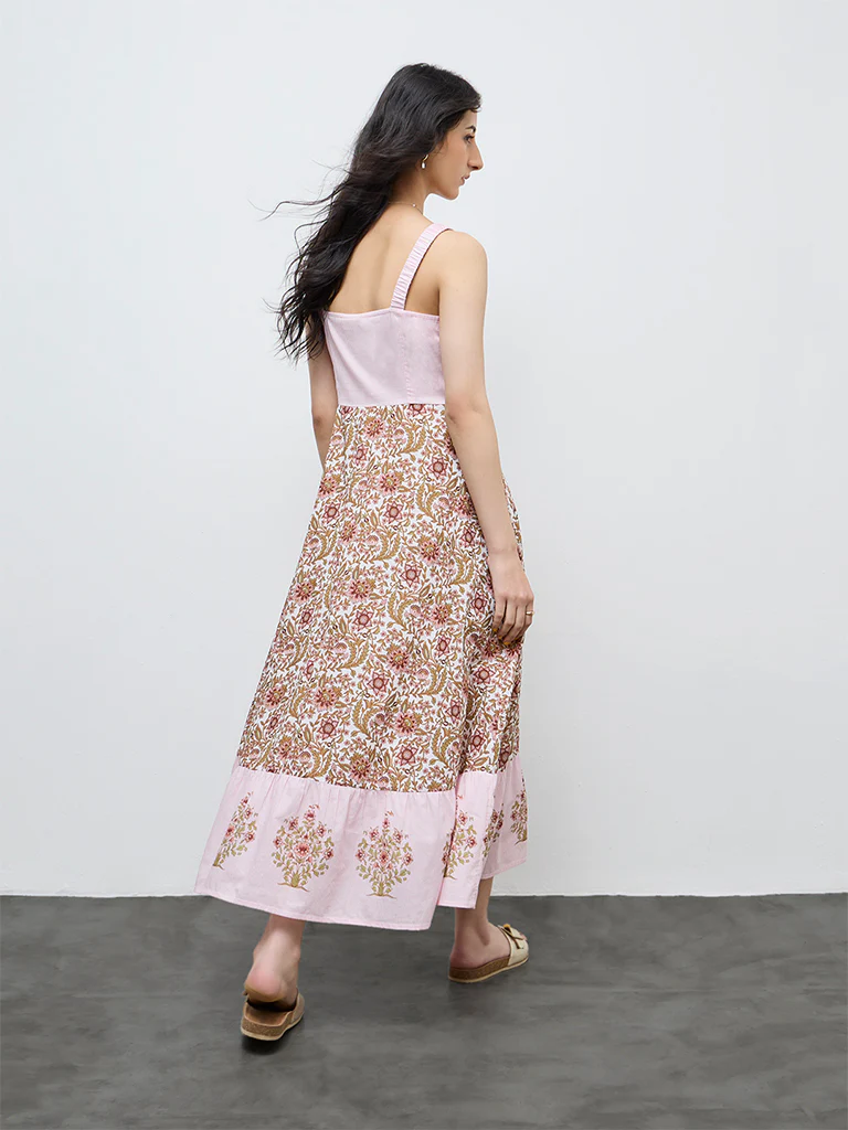 Bombay Paisley Pink Floral Printed Cotton A-Line Dress - Image 4