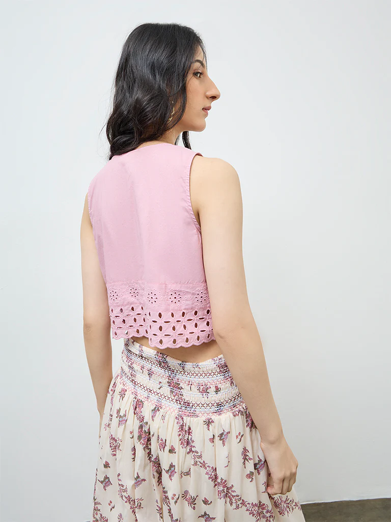 Bombay Paisley Pink Schiffli Embroidered Cotton Top - Image 4