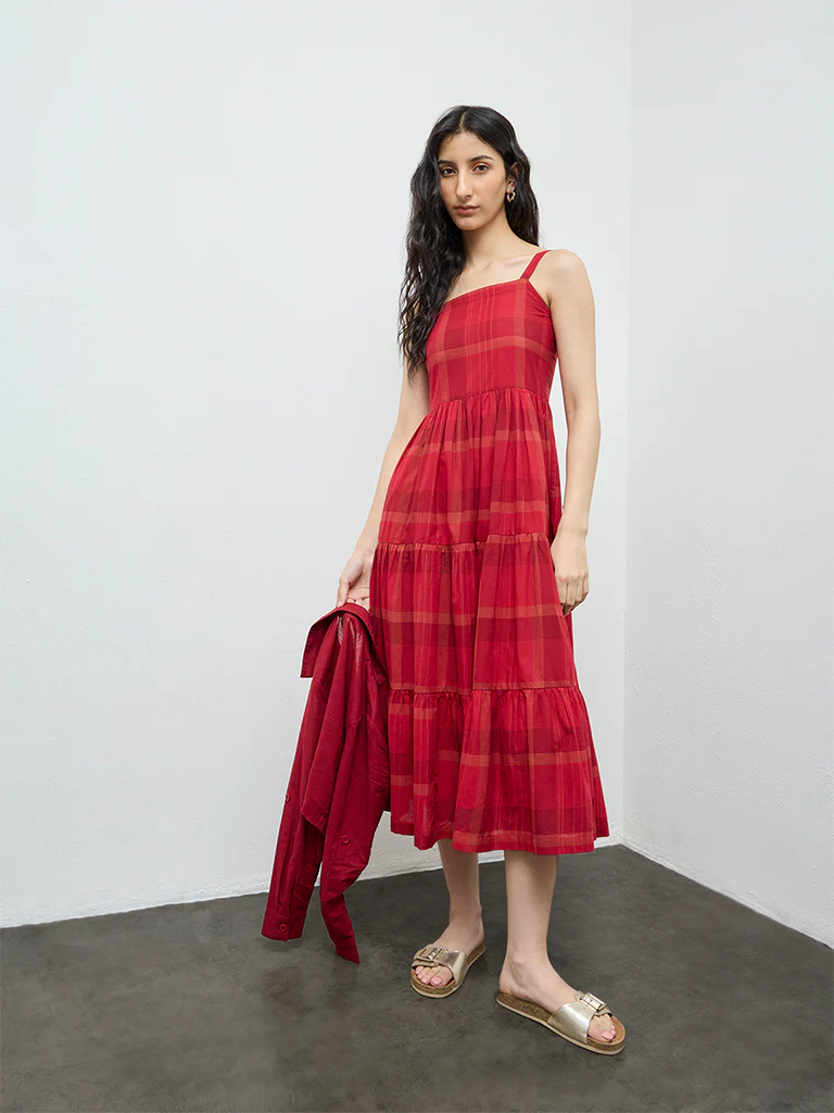 Bombay Paisley Red Checkered Cotton Tiered Dress with Jacket - Image 2