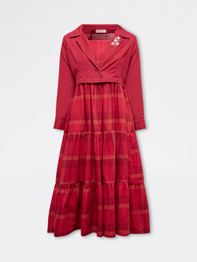 Bombay Paisley Red Checkered Cotton Tiered Dress with Jacket - Image 5