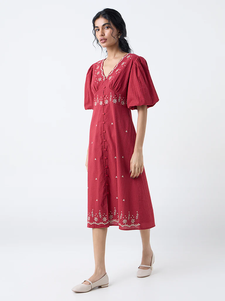 Bombay Paisley Red Embroidered Cotton A-Line Dress - Image 2