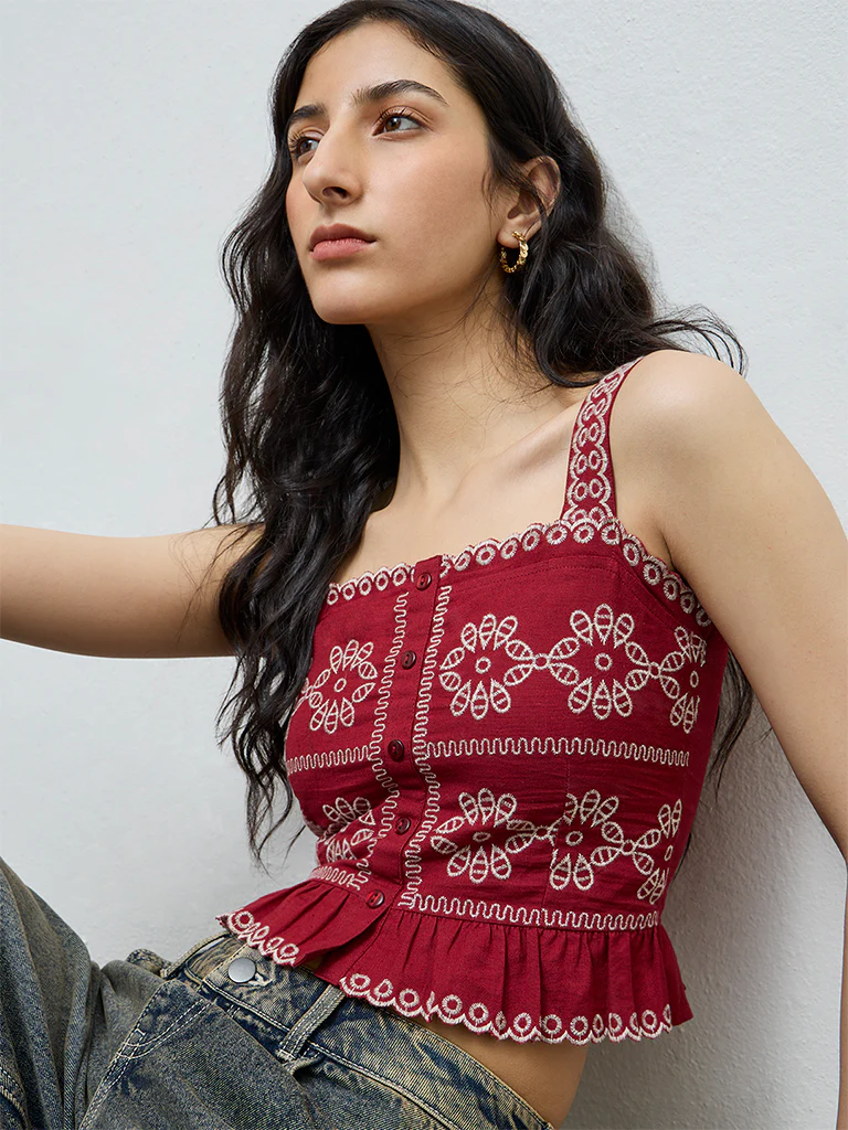 Bombay Paisley Red Embroidered Cotton-Blend Top - Image 3