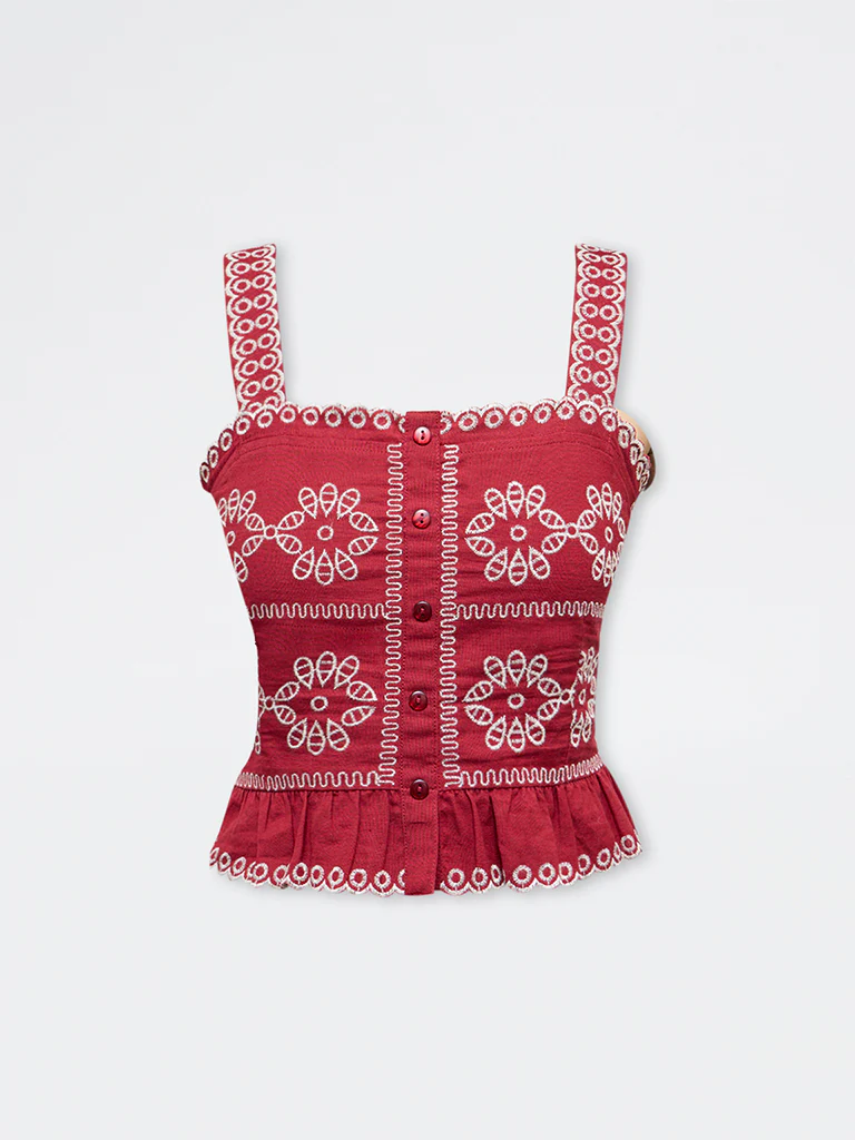 Bombay Paisley Red Embroidered Cotton-Blend Top - Image 5
