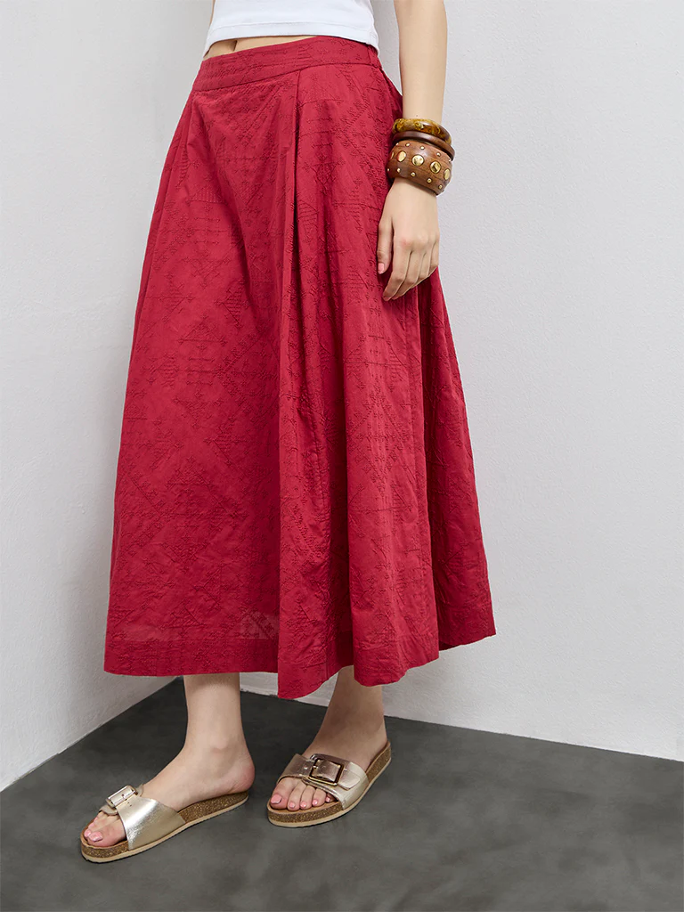 Bombay Paisley Red Embroidered Cotton Skirt - Image 2