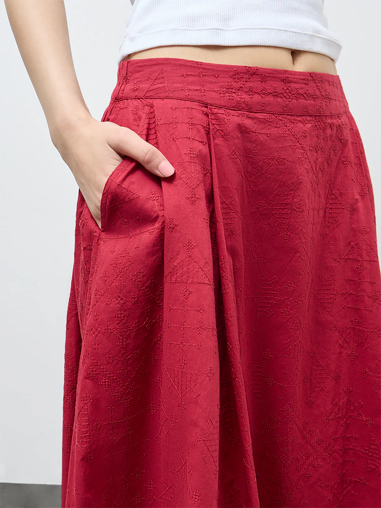 Bombay Paisley Red Embroidered Cotton Skirt - Image 3