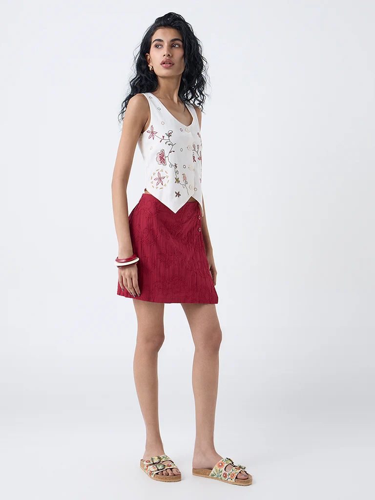 Bombay Paisley Red Embroidered Cotton Skorts