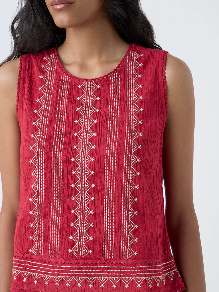 Bombay Paisley Red Embroidered Cotton Top - Image 3