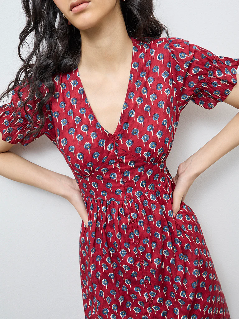 Bombay Paisley Red Floral Cotton A-Line Dress - Image 3