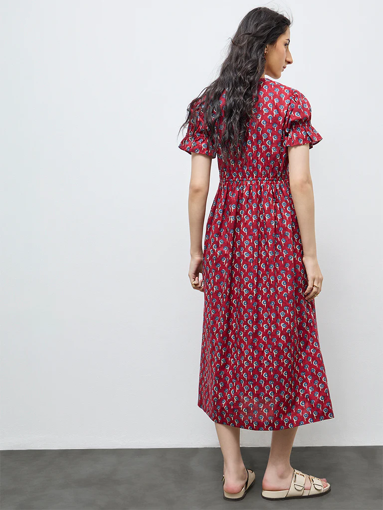 Bombay Paisley Red Floral Cotton A-Line Dress - Image 4