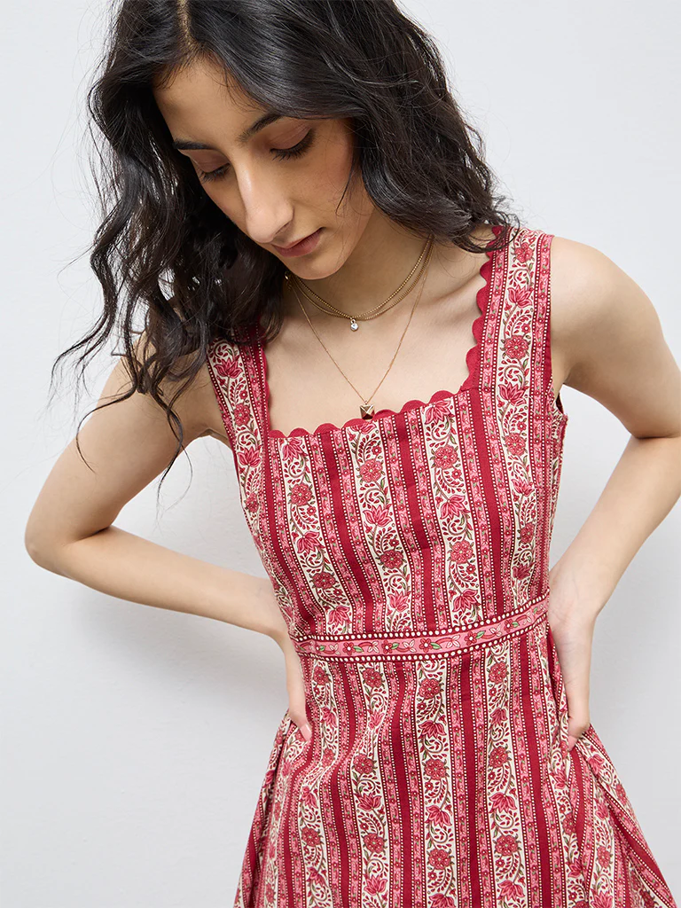 Bombay Paisley Red Floral Cotton Straight Dress - Image 3