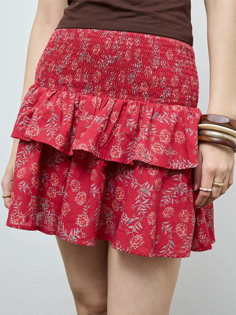 Bombay Paisley Red Floral Cotton Tiered Skirt - Image 3
