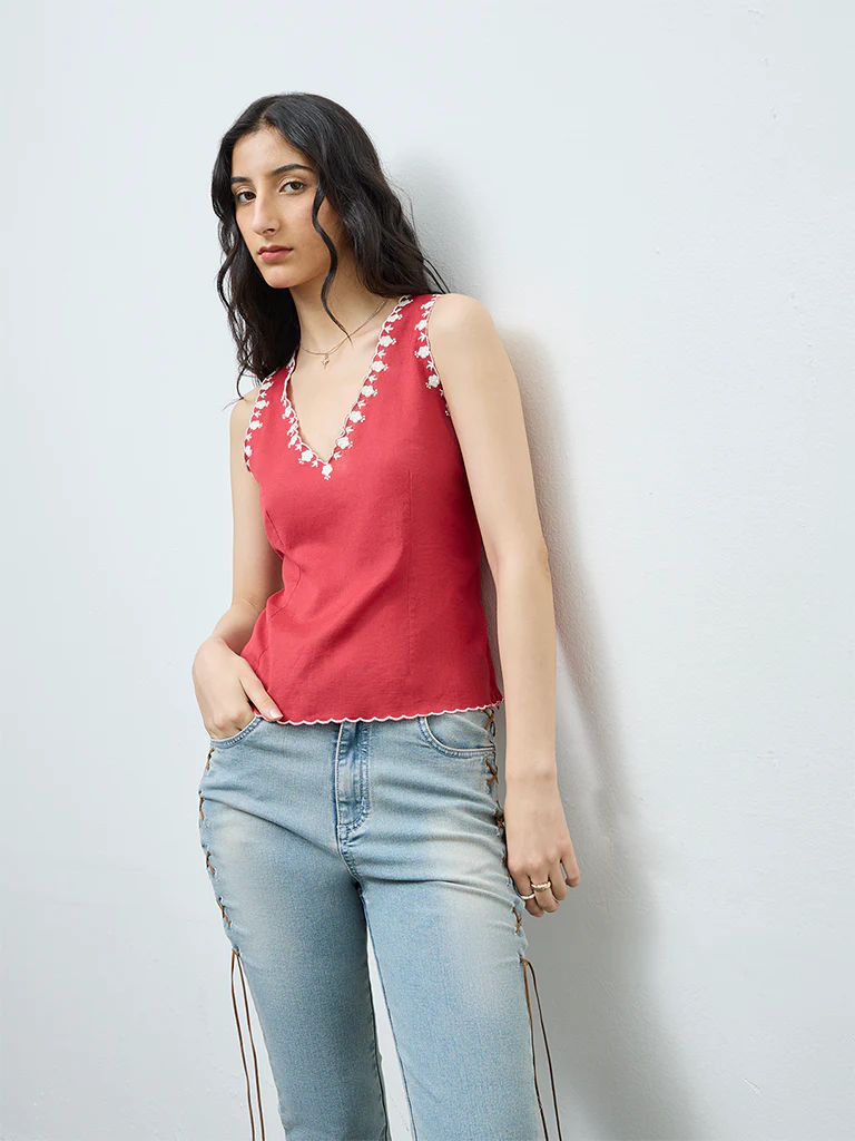 Bombay Paisley Red Floral Embroidered Cotton-Blend Top