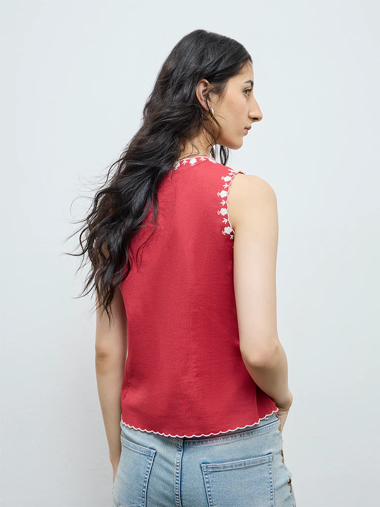 Bombay Paisley Red Floral Embroidered Cotton-Blend Top - Image 4