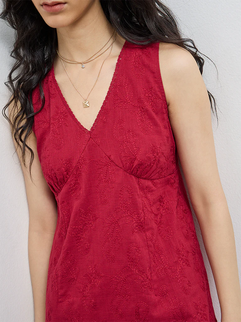Bombay Paisley Red Floral Embroidered Cotton Straight Dress - Image 3
