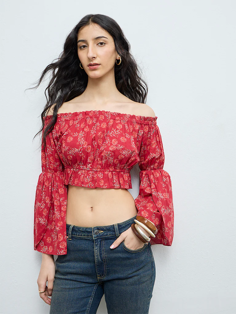 Bombay Paisley Red Floral Off-Shoulder Cotton Top