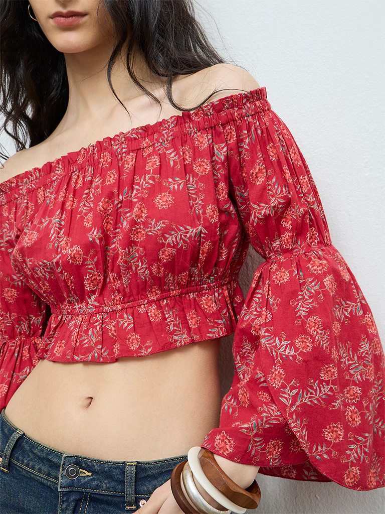 Bombay Paisley Red Floral Off-Shoulder Cotton Top - Image 2