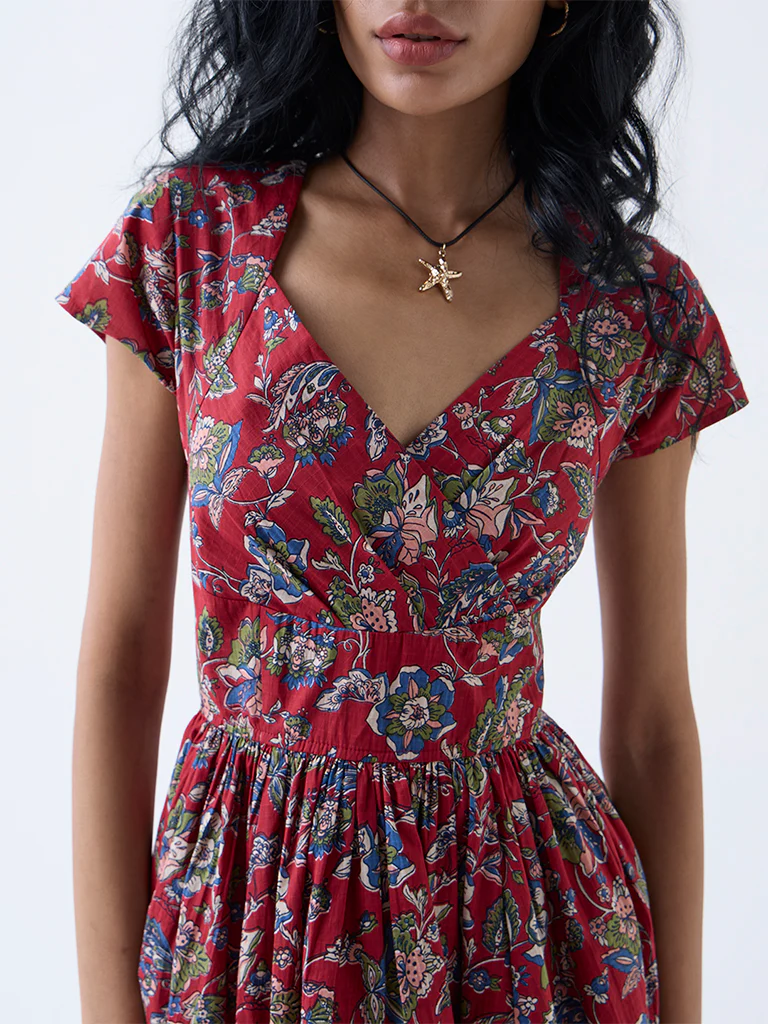 Bombay Paisley Red Floral Pattern Cotton A-Line Dress - Image 3
