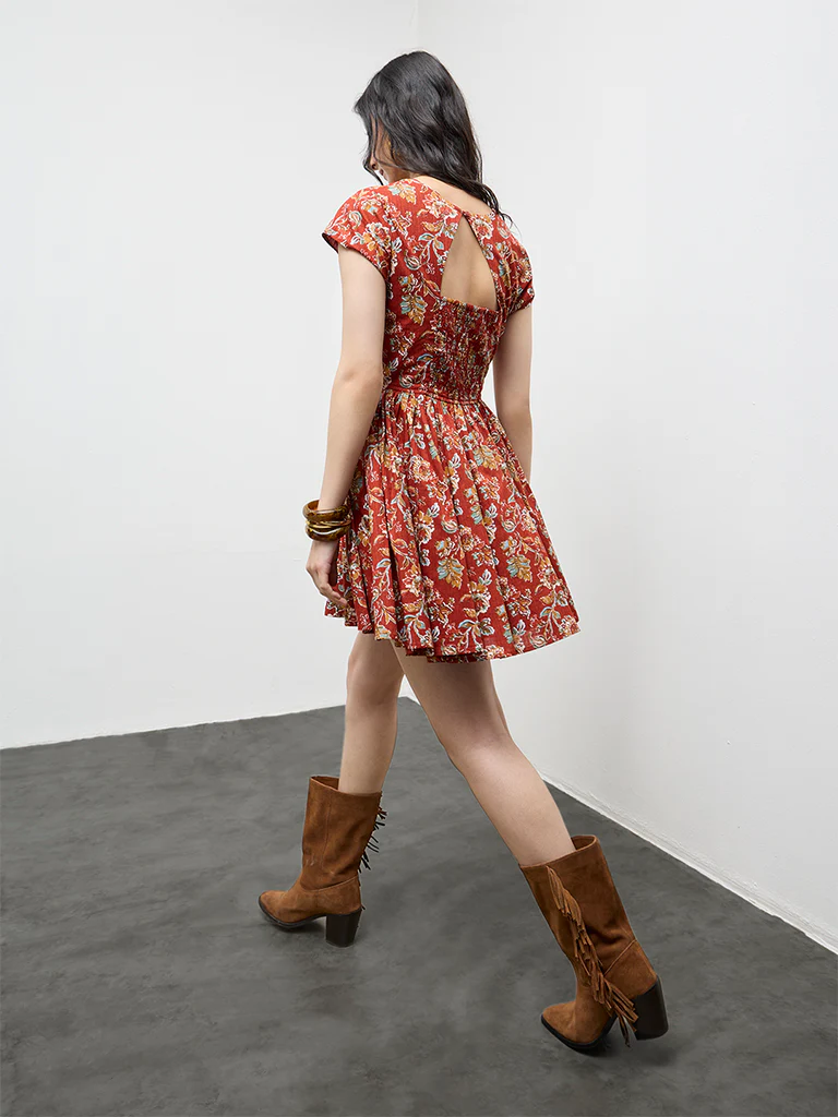 Bombay Paisley Red Floral Pattern Cotton A-Line Dress - Image 4