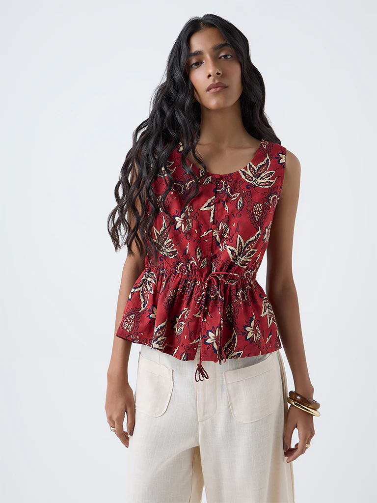 Bombay Paisley Red Floral Pattern Cotton Top
