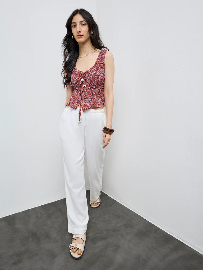 Bombay Paisley Red Floral Pattern Tie-Up Cotton Top