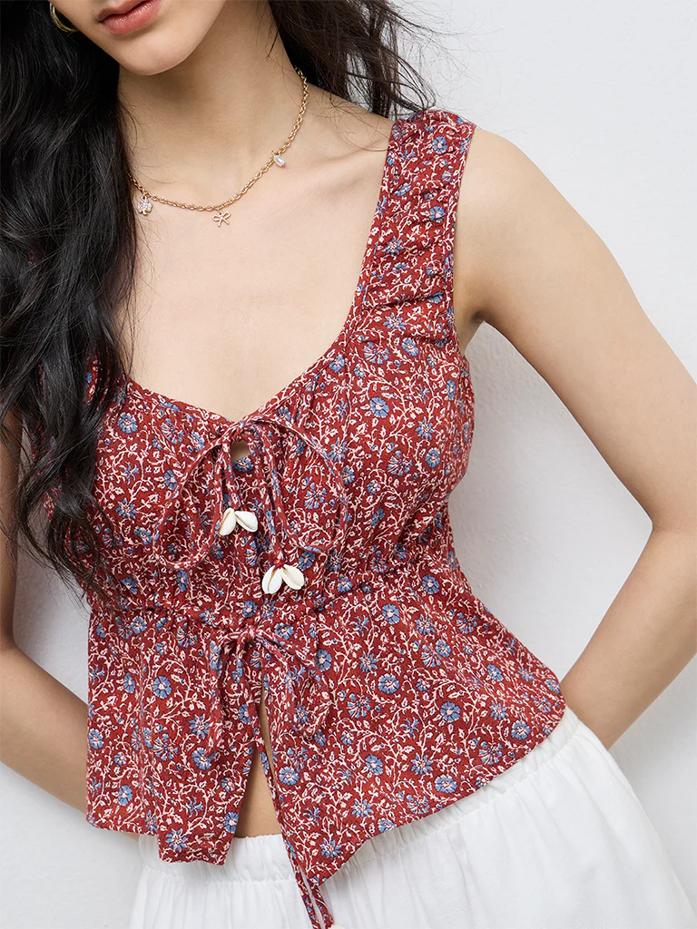Bombay Paisley Red Floral Pattern Tie-Up Cotton Top - Image 3