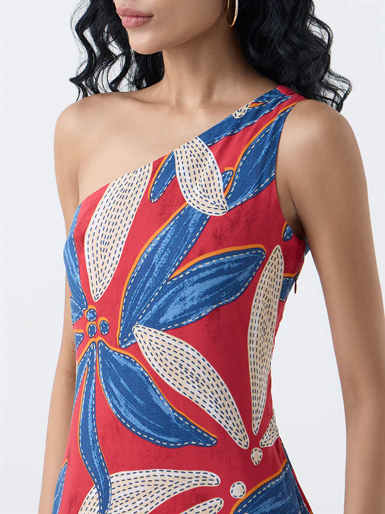Bombay Paisley Red Foliage Pattern One-Shoulder Dress - Image 3