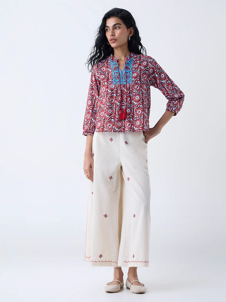 Bombay Paisley Red Foliage Printed Cotton Top - Image 2