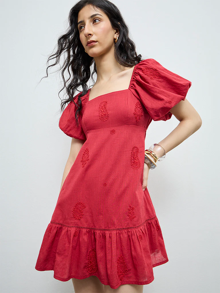 Bombay Paisley Red Paisley Embroidered Cotton A-Line Dress - Image 2