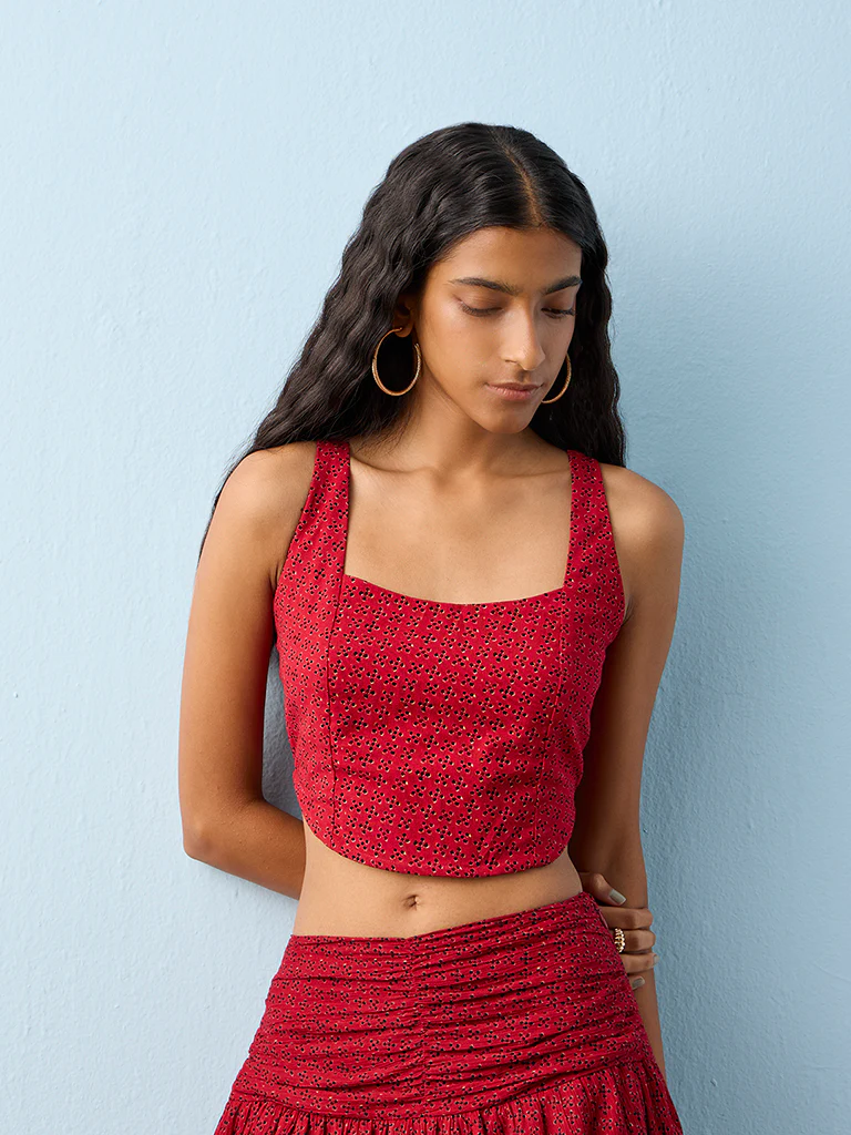 Bombay Paisley Red Printed Corset-Style Cotton-Blend Top - Image 2