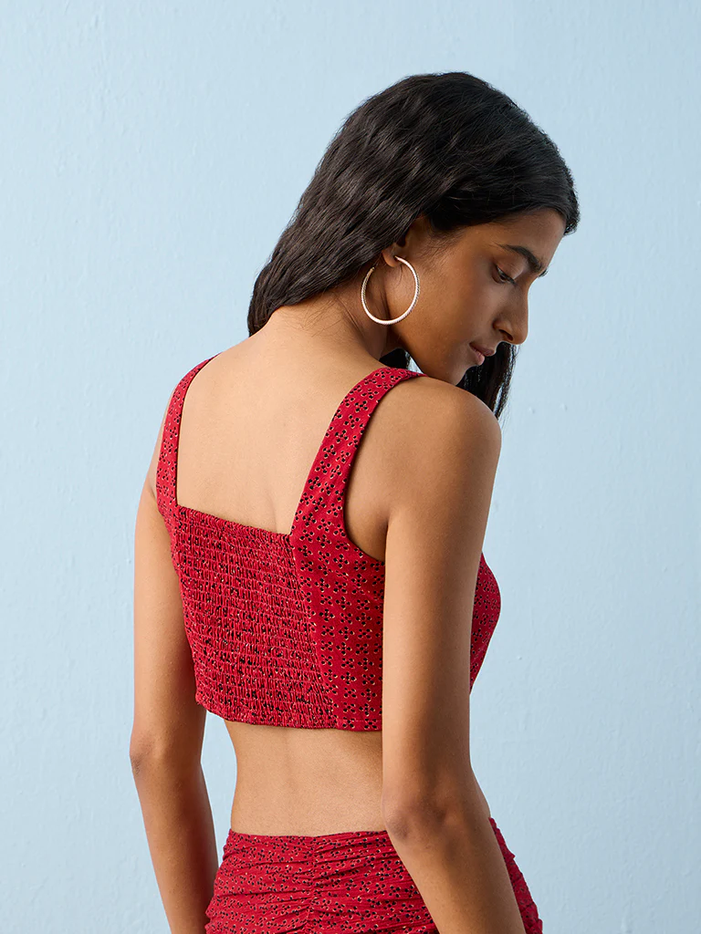 Bombay Paisley Red Printed Corset-Style Cotton-Blend Top - Image 4
