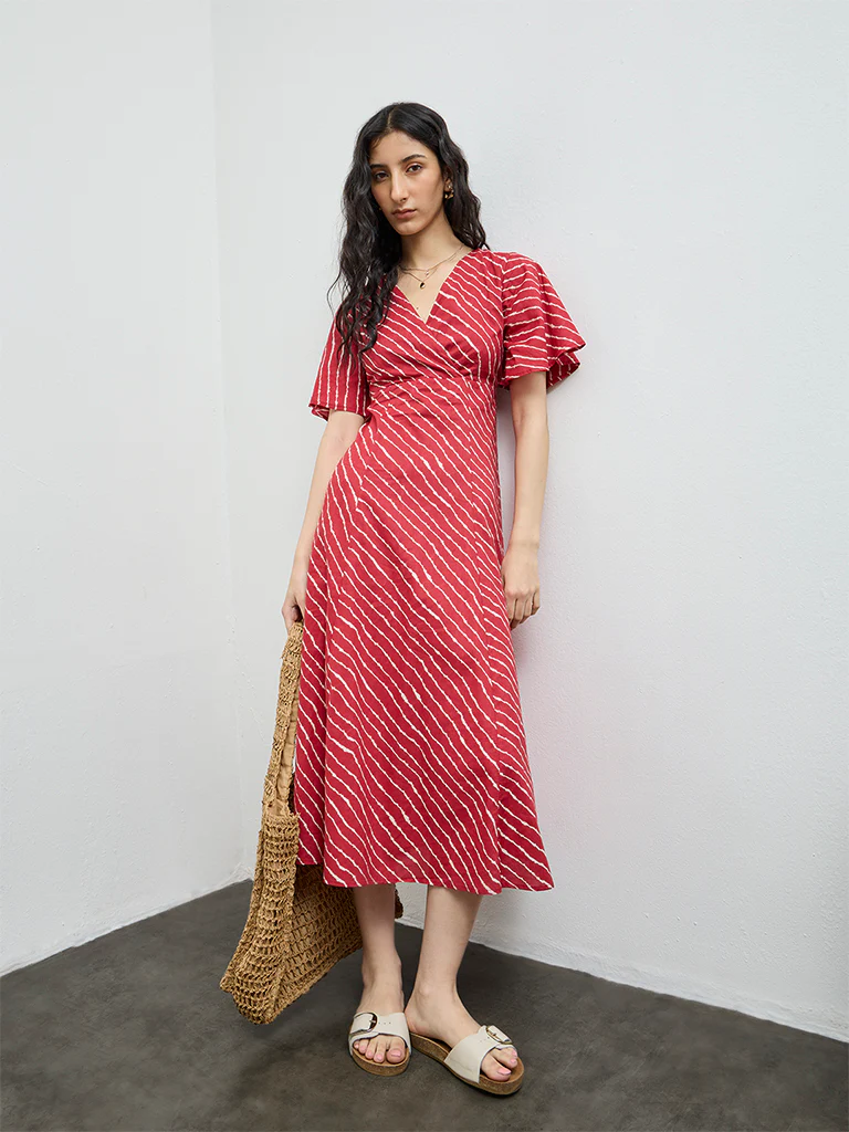 Bombay Paisley Red Striped Cotton A-Line Dress - Image 2