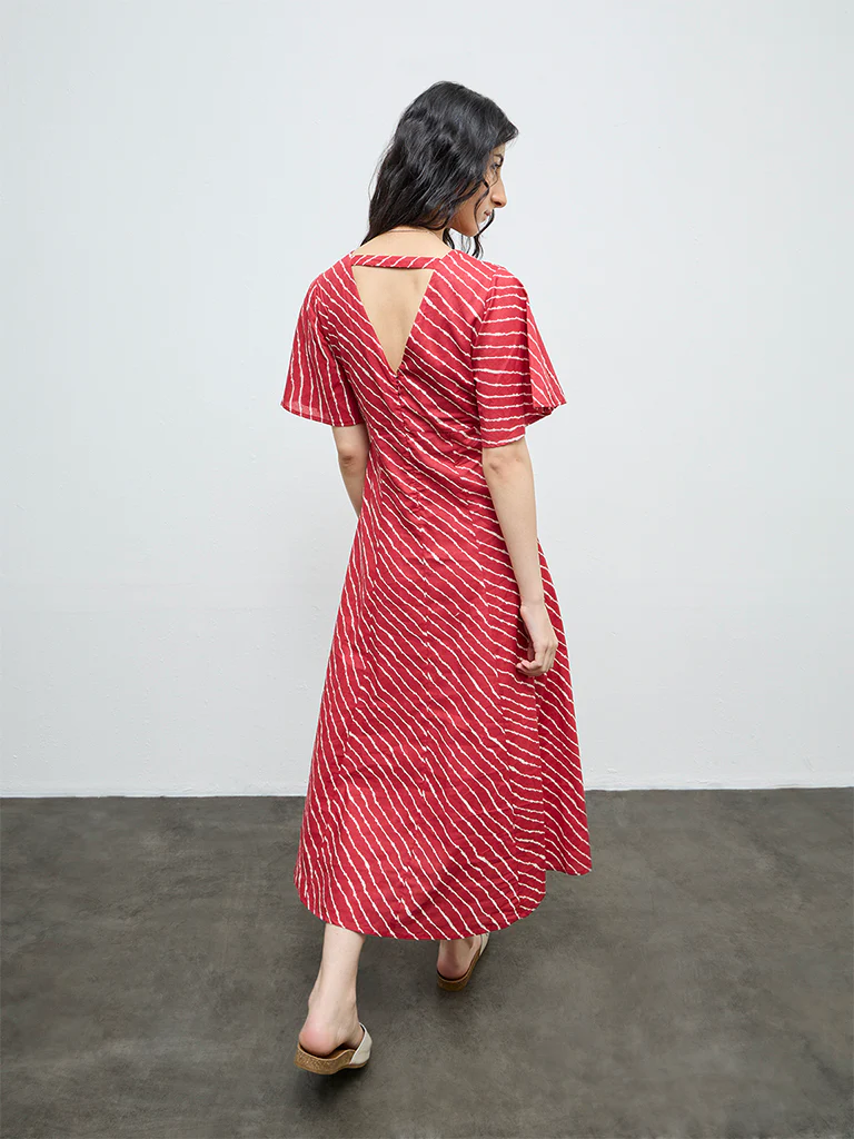 Bombay Paisley Red Striped Cotton A-Line Dress - Image 4
