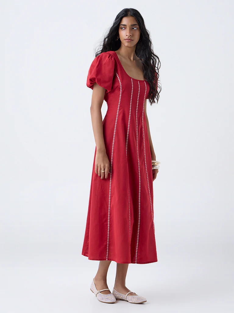 Bombay Paisley Red Striped Cotton-Blend A-Line Dress