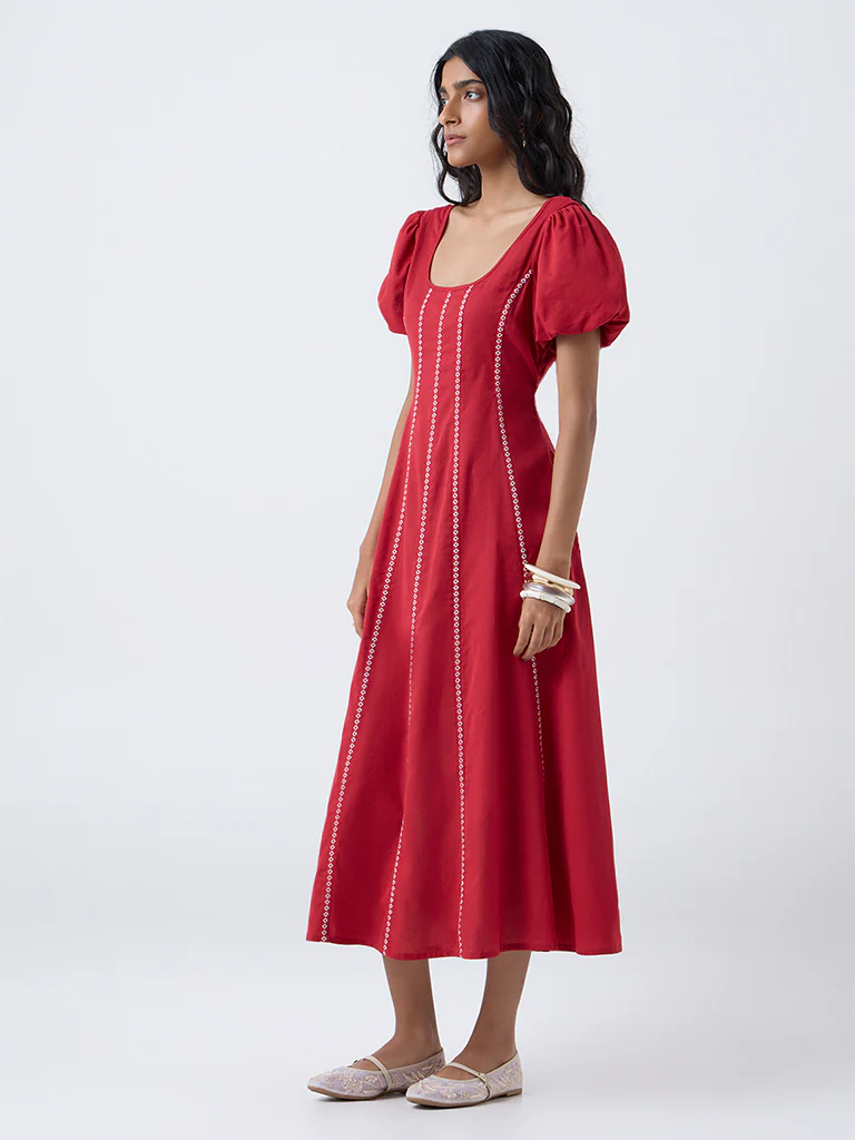 Bombay Paisley Red Striped Cotton-Blend A-Line Dress - Image 2