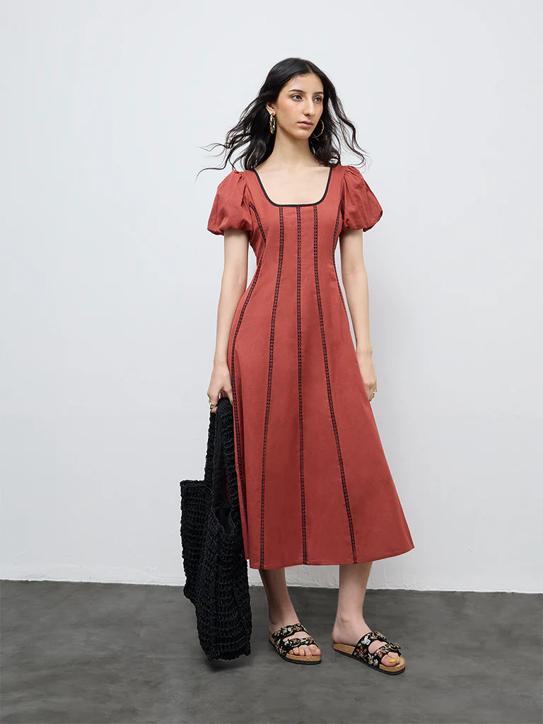 Bombay Paisley Red Striped Cotton-Blend A-Line Dress - Image 2