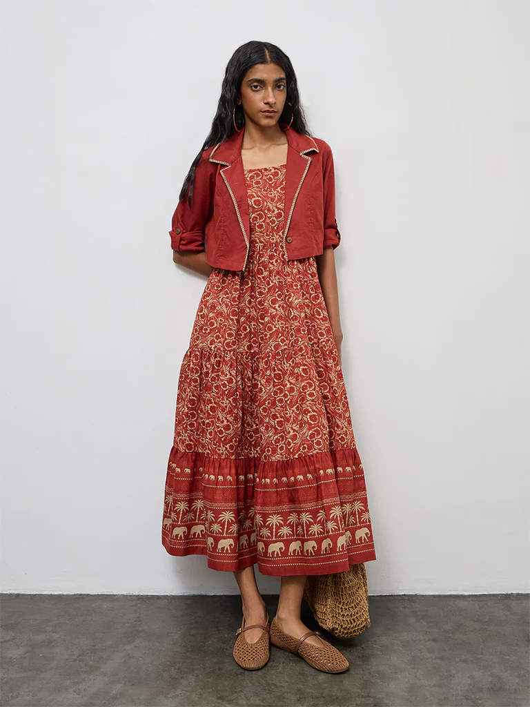 Bombay Paisley Rust Cotton Tiered Dress with Jacket Set