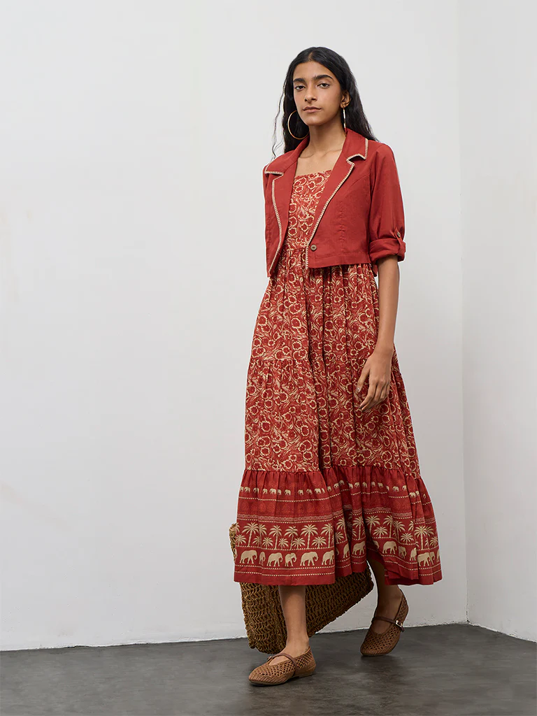 Bombay Paisley Rust Cotton Tiered Dress with Jacket Set - Image 2