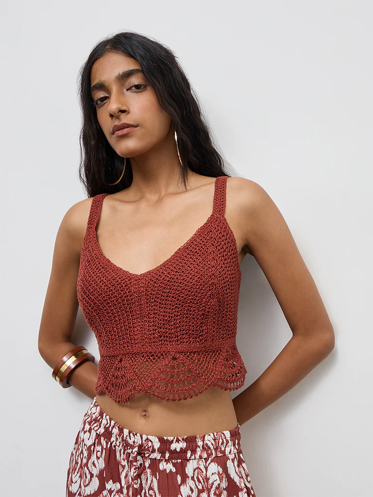 Bombay Paisley Rust Crochet Embroidered Cotton-Blend Top