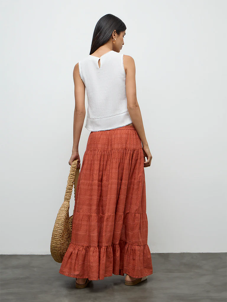 Bombay Paisley Rust Embroidered Cotton Maxi Skirt - Image 4