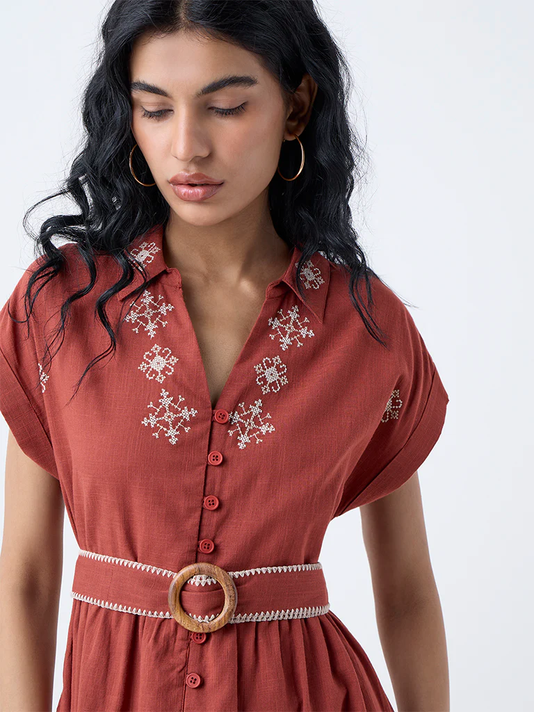 Bombay Paisley Rust Embroidered Cotton Shirt Dress with Belt - Image 3