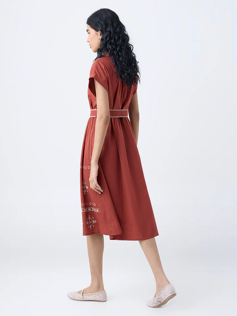 Bombay Paisley Rust Embroidered Cotton Shirt Dress with Belt - Image 4