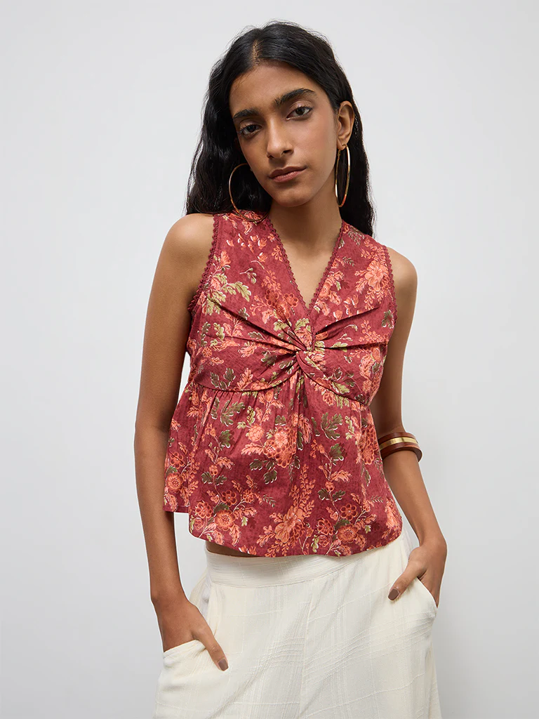 Bombay Paisley Rust Floral Design Ruched Cotton Top - Image 2