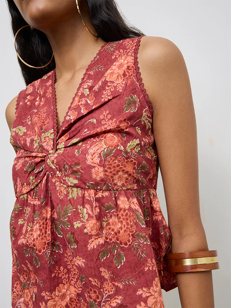 Bombay Paisley Rust Floral Design Ruched Cotton Top - Image 3
