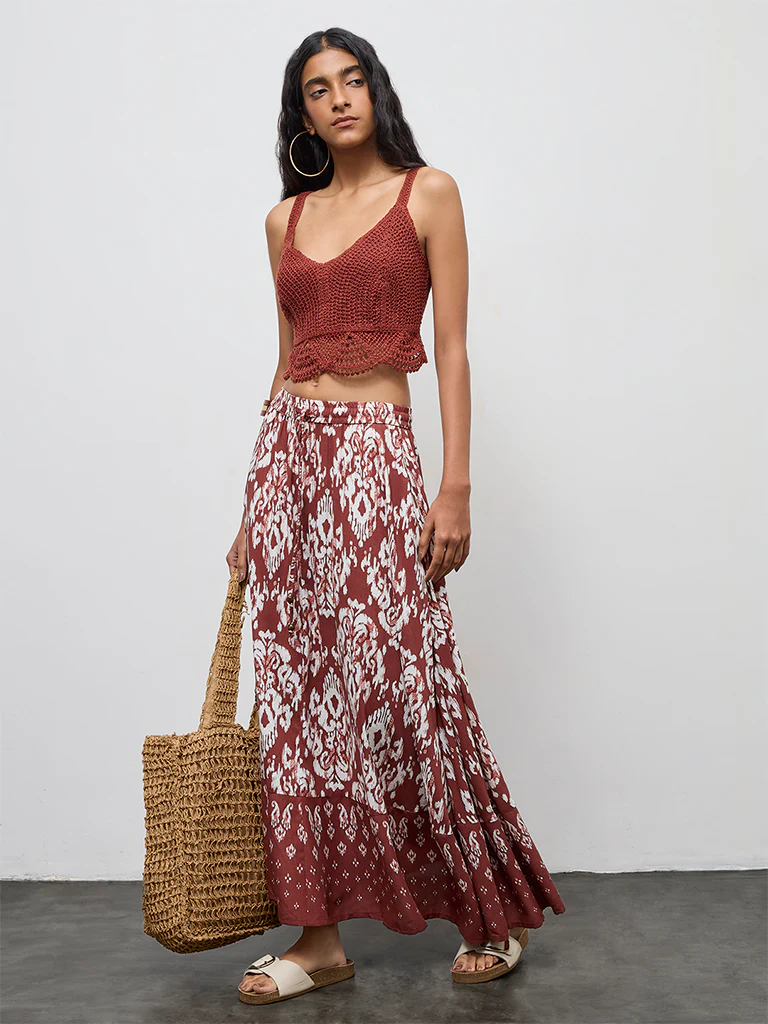 Bombay Paisley Rust Ikat Design High-Rise Cotton Skirt