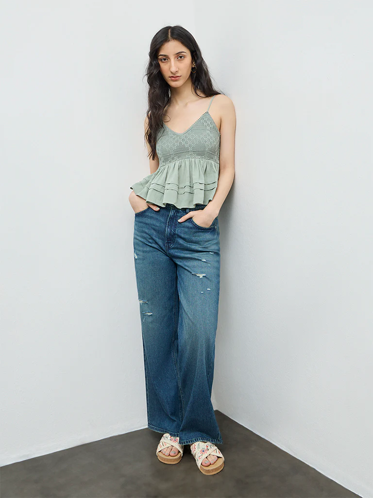 Bombay Paisley Sage Embroidered Cotton Peplum Top - Image 2
