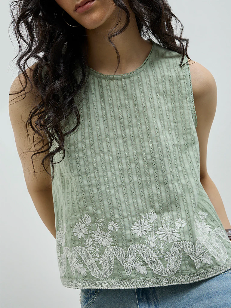 Bombay Paisley Sage Embroidered Cotton Top - Image 3