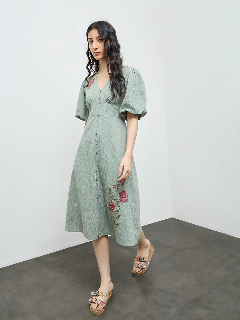 Bombay Paisley Sage Floral Embroidered Cotton A-Line Dress - Image 2