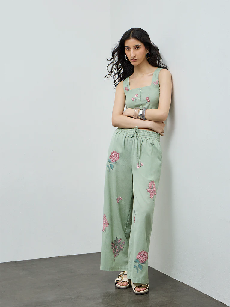 Bombay Paisley Sage Floral Embroidered Cotton-Blend Palazzos
