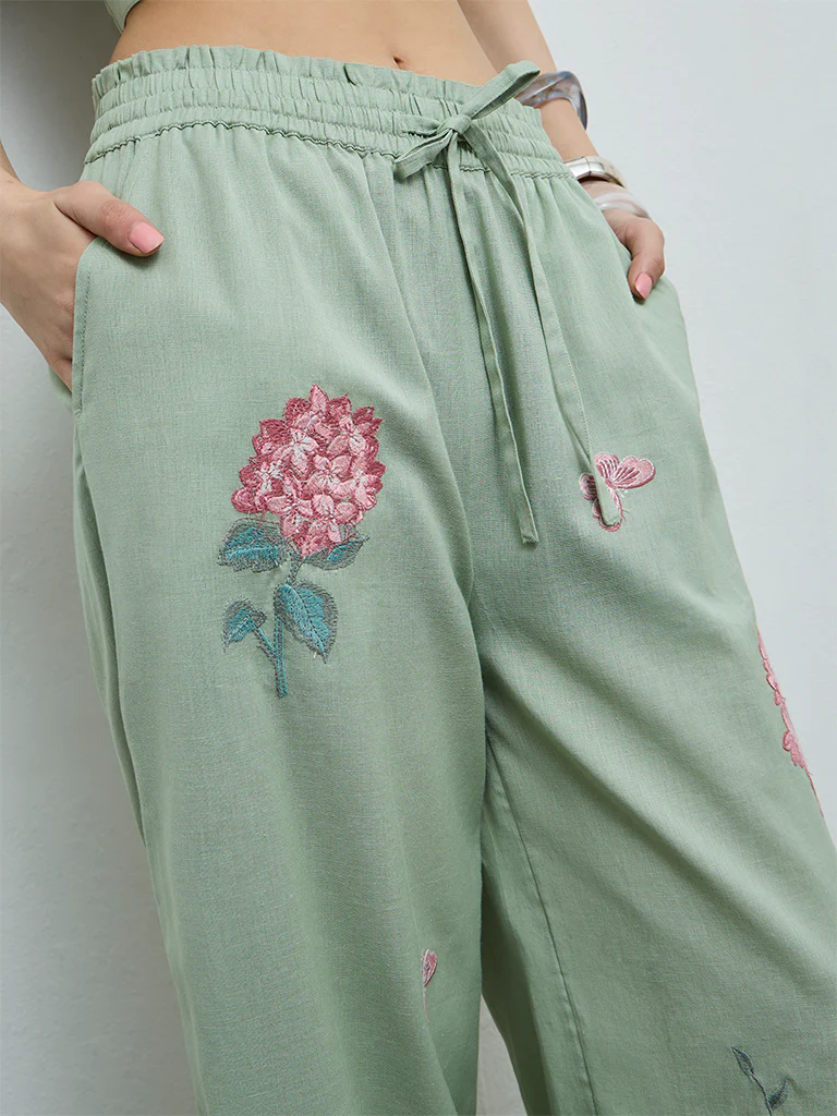 Bombay Paisley Sage Floral Embroidered Cotton-Blend Palazzos - Image 3