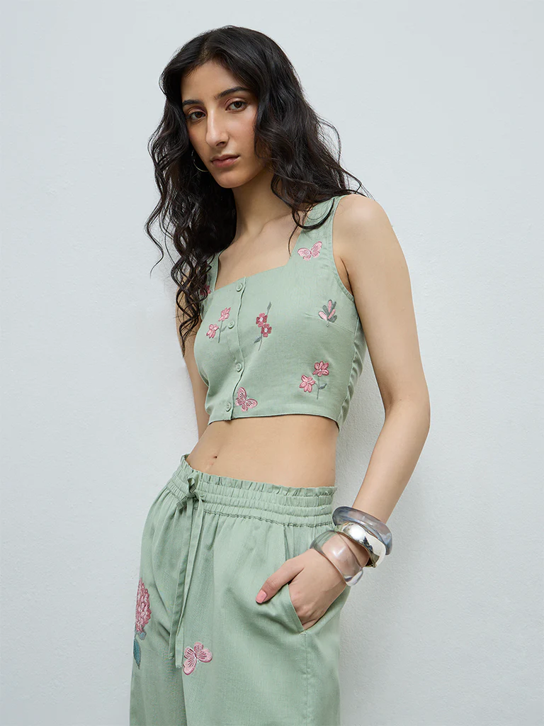 Bombay Paisley Sage Floral Embroidered Cotton-Blend Top